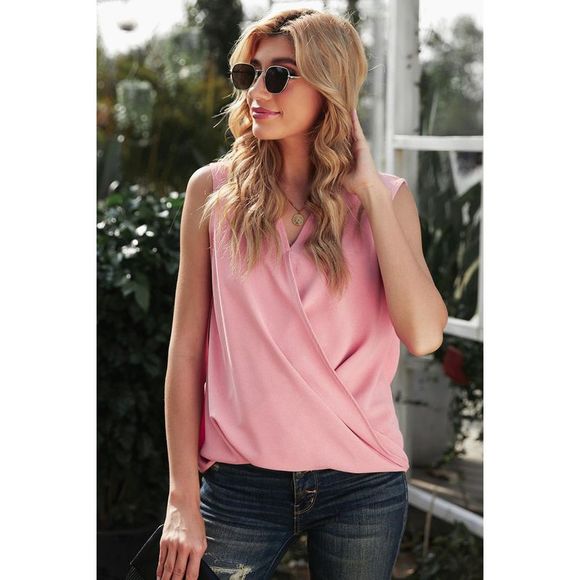 Azura Exchange  Pink V Neck Draped Tank Top - Picture 3 of 10